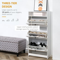 Kozy Narrow Shoe Cabinet with 3 Flip Doors, 14-18 Pairs Shoe Cupboard with Open Shelf for Slim Hallway and Entryway, 24 x 60 x 132 cm, White