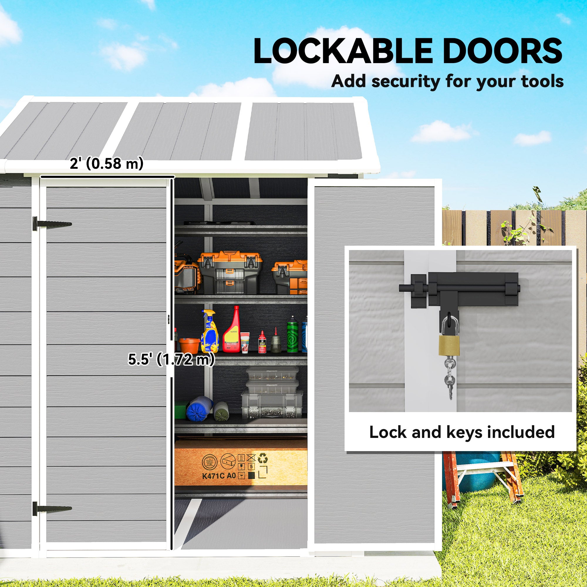 Kozy - 6 x 6ft Garden Shed with Floor, Window, Lockable Doors and Vents, Wood Effect Resin Tool Shed for Outdoor Patio, Grey