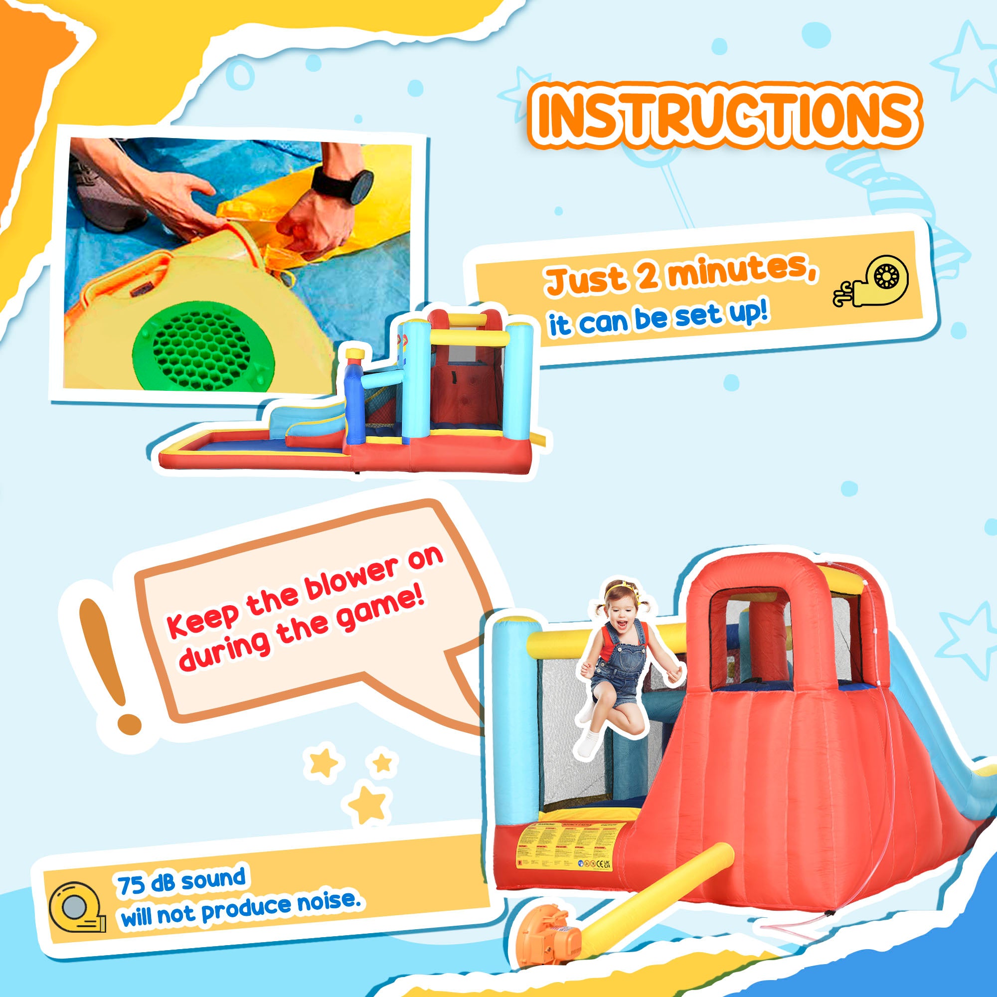 Kozy 4-in-1 Bouncy Castle, with Slide, Trampoline, Climbing Wall, Blower, Multicoloured