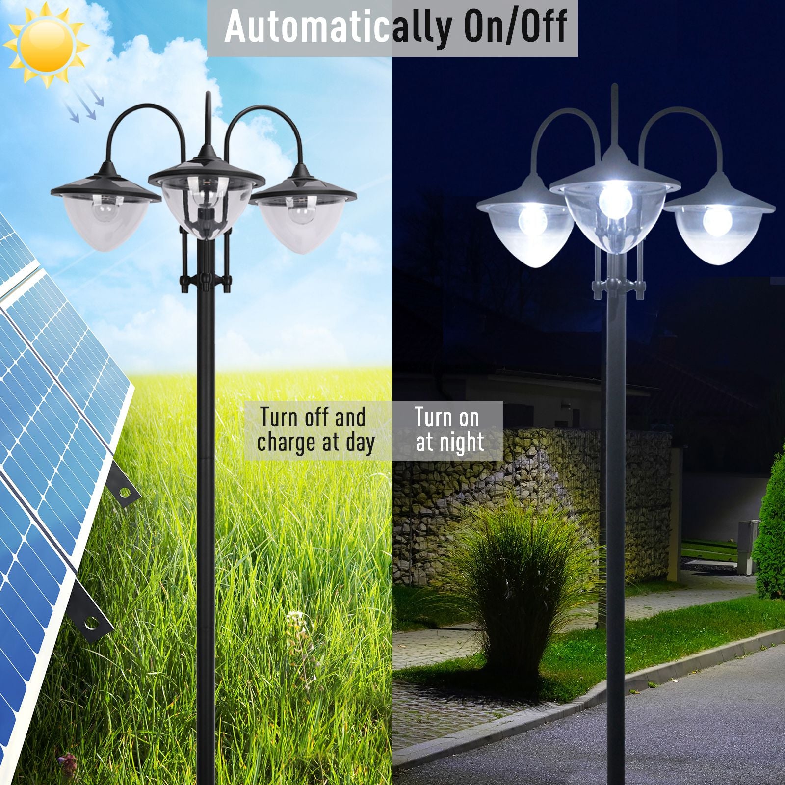 Kozy 189cm 3-head Solar Lamp Post, Street Light with Planter, Automatic-on, 6 Hour Max Outdoor Ready LED Lighting, Black