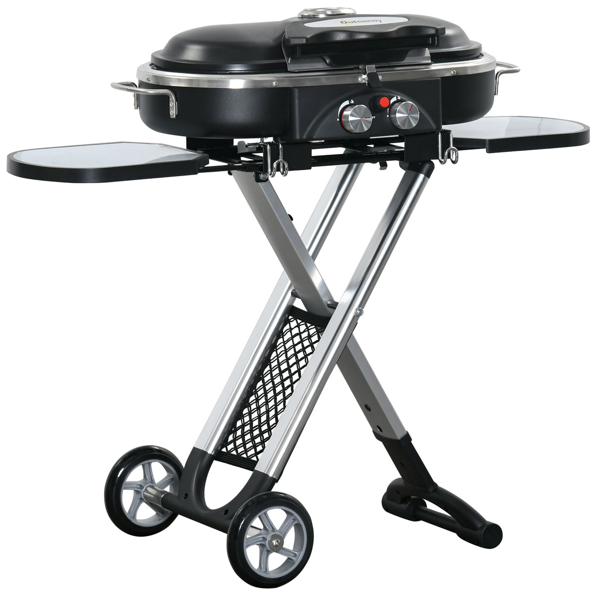 Kozy Foldable Gas BBQ Grill 2 Burner Garden Barbecue Trolley w/ Lid Side Shelves Storage Pocket Piezo Ignition Thermometer, Aluminium Alloy