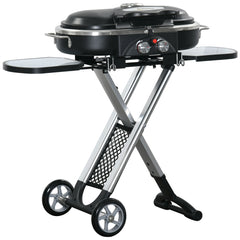 Kozy Foldable Gas BBQ Grill 2 Burner Garden Barbecue Trolley w/ Lid Side Shelves Storage Pocket Piezo Ignition Thermometer, Aluminium Alloy