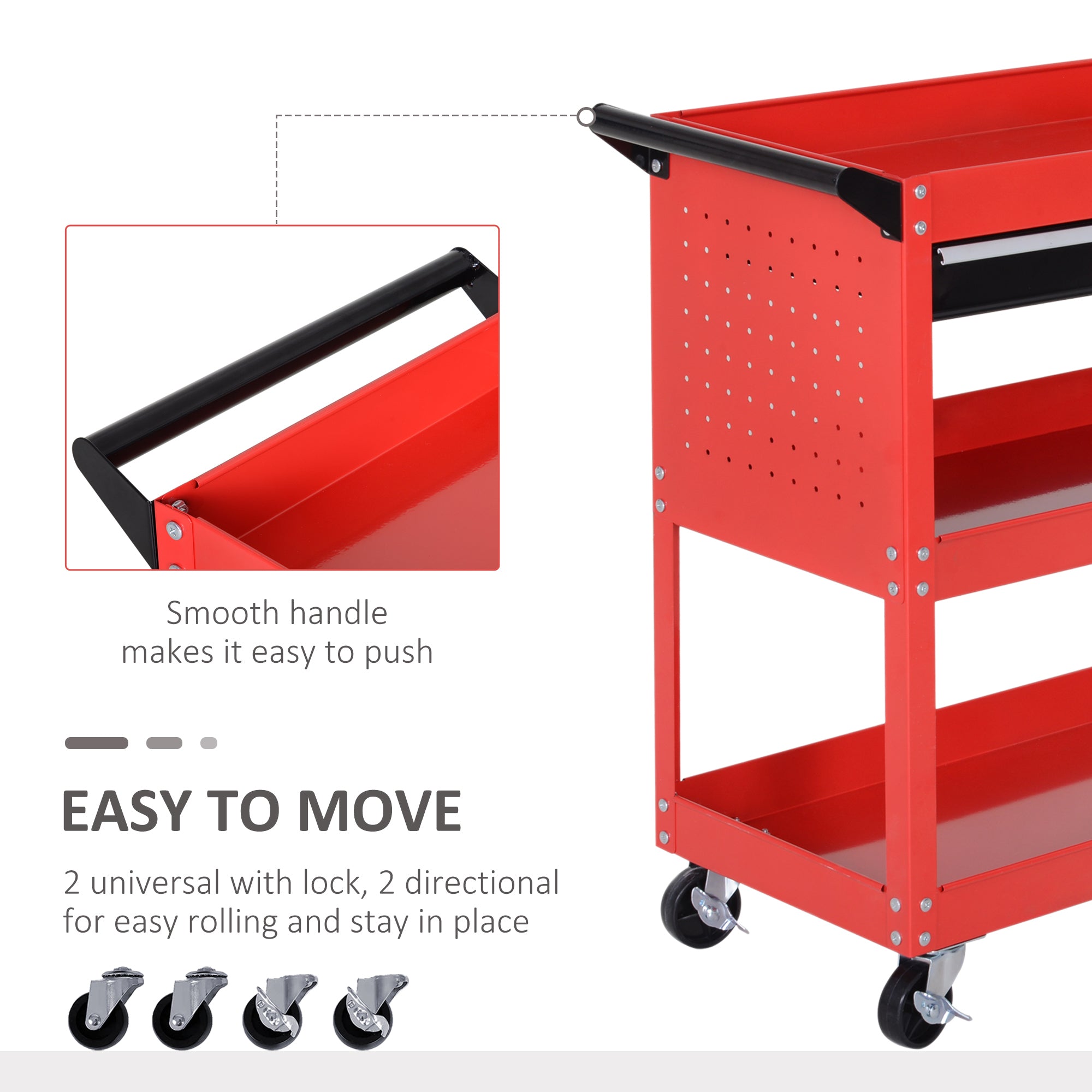 Kozy 3-Tier Tool Trolley Cart Storage Shelf Roller Cabinet DIY Box Garage Workshop with Drawer Red