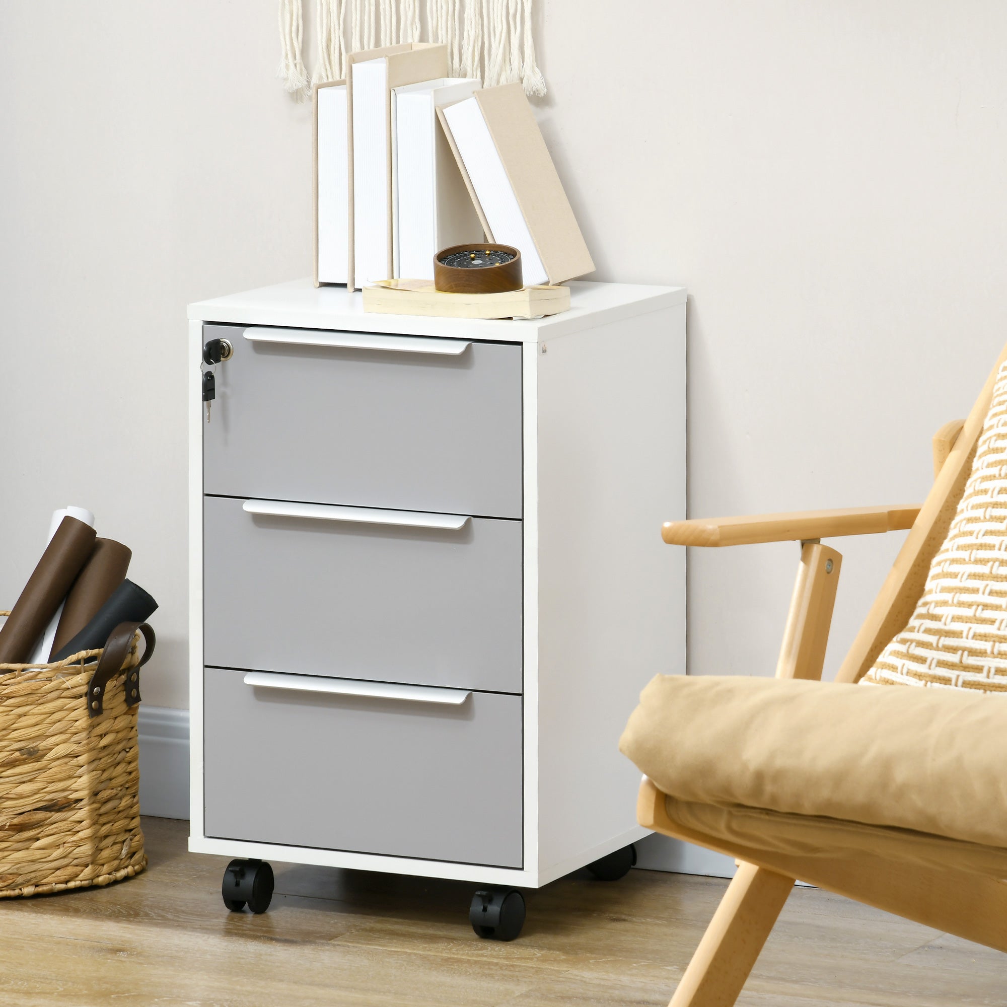 Kozy Three-Drawer Locking Filing Cabinet - Grey/White