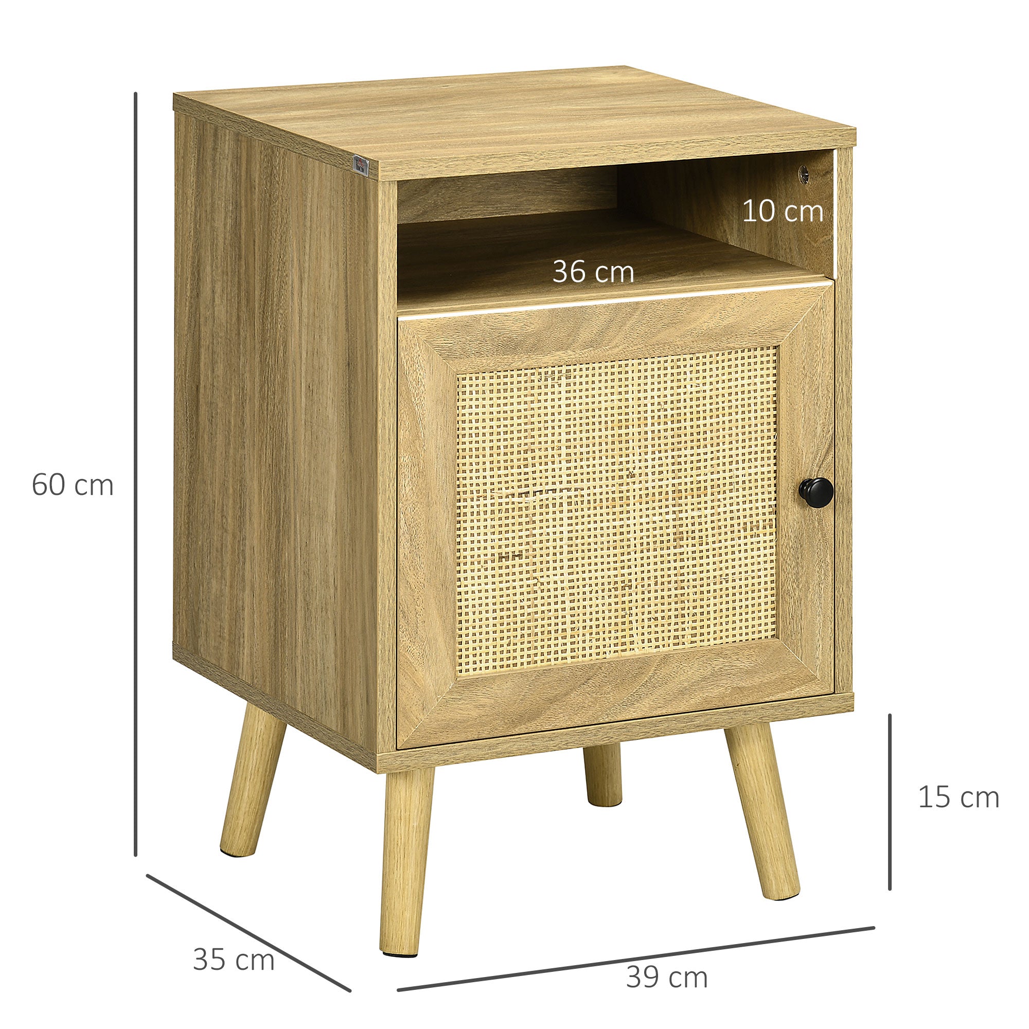Kozy Bedside Table with Rattan Element, Side End Table with Shelf and Cupboard, 39cmx35cmx60cm, Natural