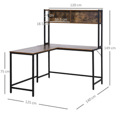 Kozy L Shaped Desk with Book Shelf, Industrial Corner Computer Desk, Writing Table with Steel Frame for Home Office, Bedroom, Study Room, 140 x 125cm, Brown