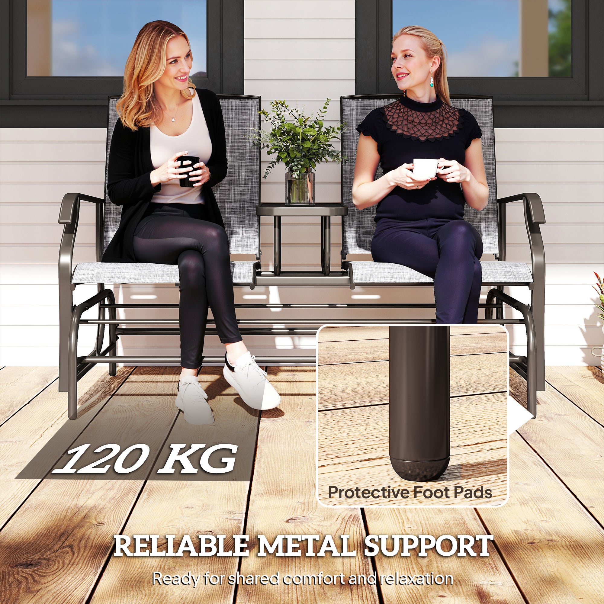 Kozy 2 Seats Garden Glider Bench, Metal Frame Loveseat with Glass Top  Centre Table, Porch Rocking Glider for 2 Person, for Deck, Patio, Brown/ Grey