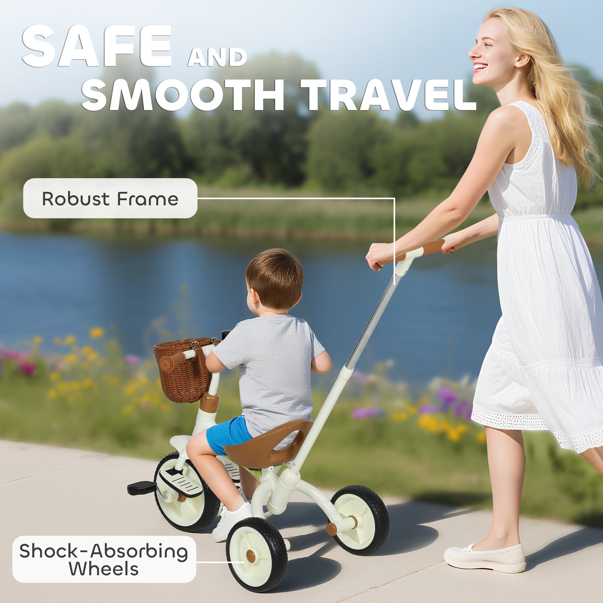 AIYAPLAY 2-In-1 Toddler Trike for 2-5 Years Old, 3 Wheel Bike with Adjustable Parent Handle, Basket for Boys and Girls, White