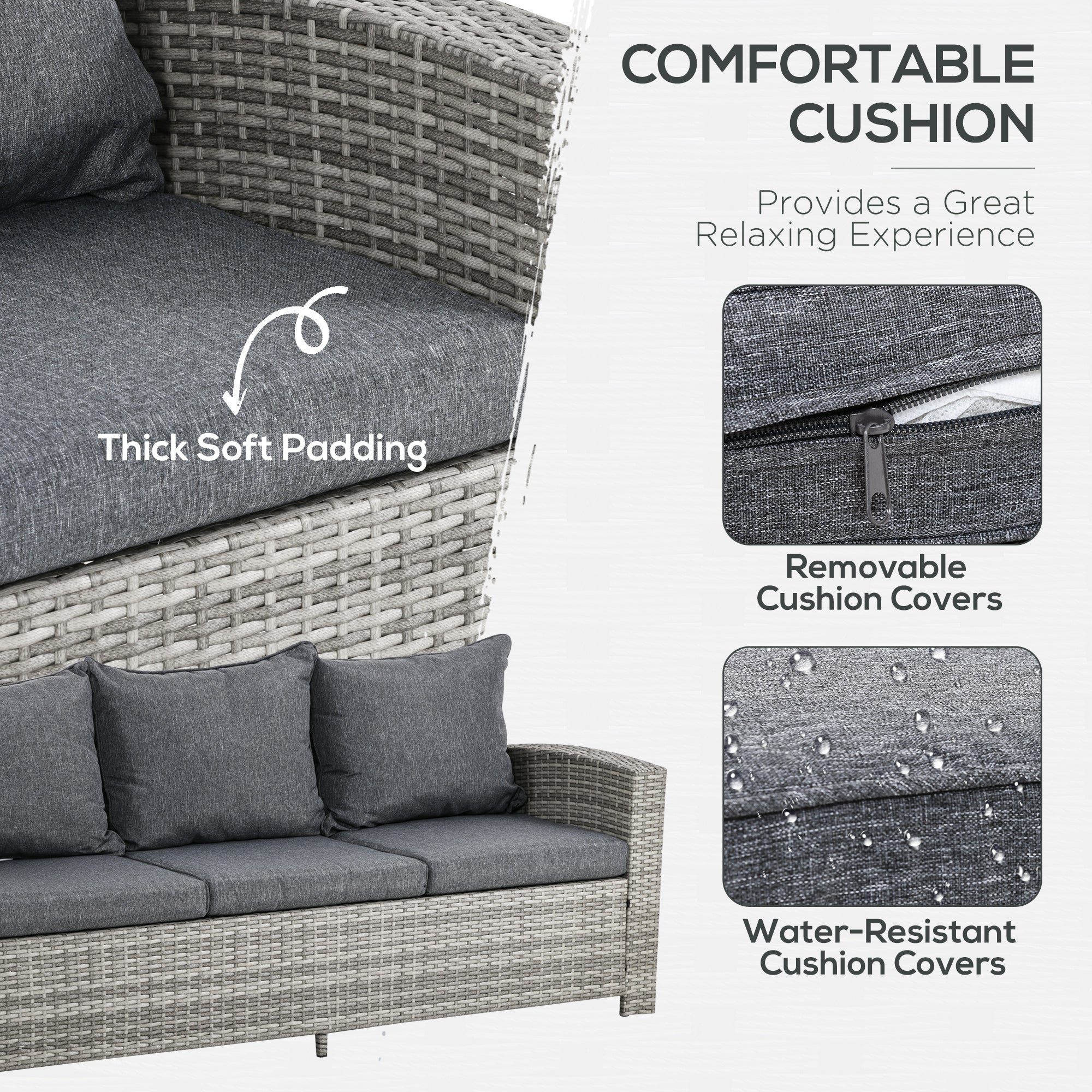 Kozy 6 Pieces PE Rattan Garden Furniture Set with Three-seat, Armchairs and Footstools, Aluminium Patio Wicker Dining Sets w/ Glass Top Dining Table, Soft Cushion, Light Grey