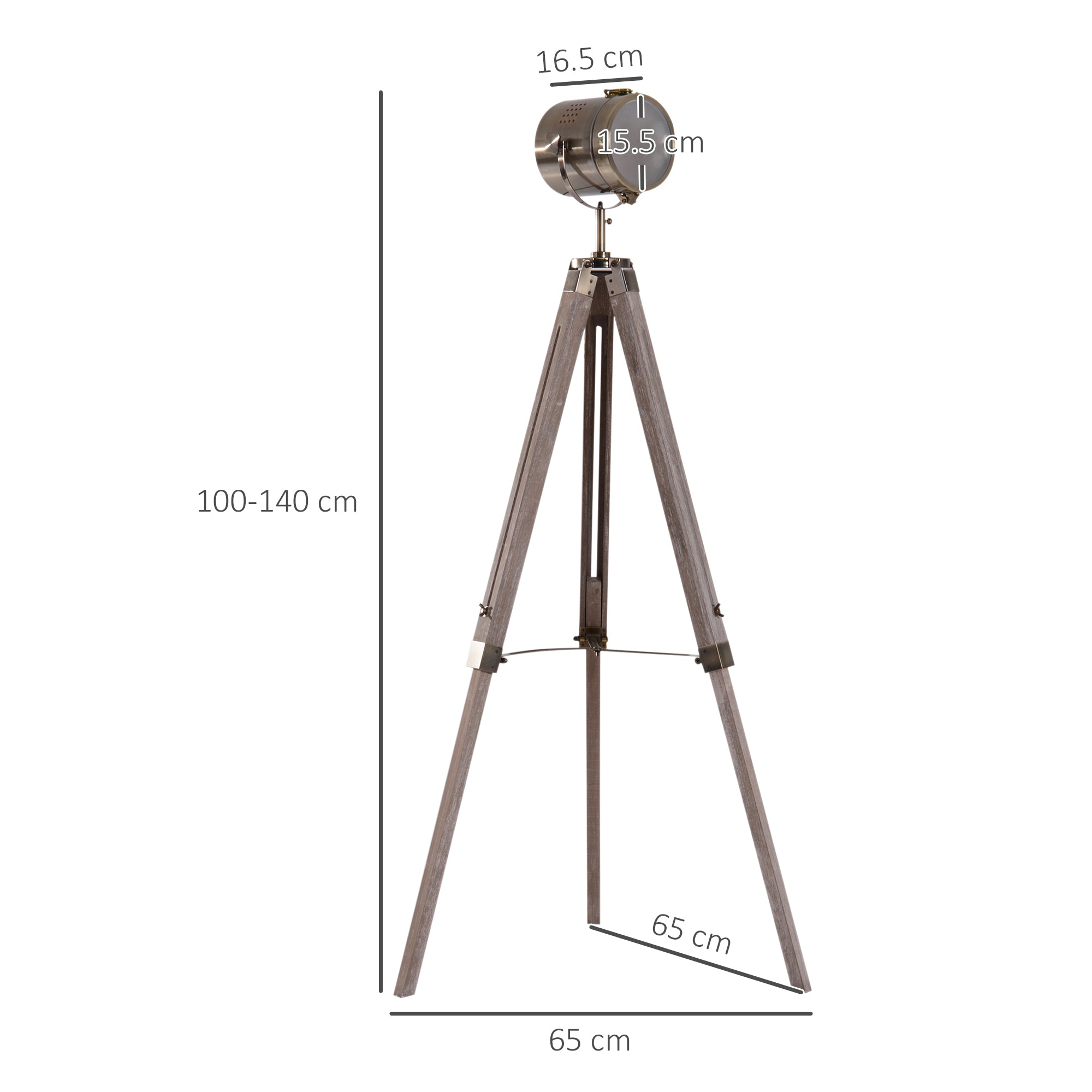 Kozy Industrial Tripod Floor Lamp, Nautical Searchlight with Adjustable Height, Wood Legs, E14 Lamp Base for Living Room, Bedroom, Grey and Bronze
