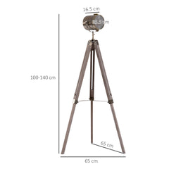 Kozy Industrial Tripod Floor Lamp, Nautical Searchlight with Adjustable Height, Wood Legs, E14 Lamp Base for Living Room, Bedroom, Grey and Bronze