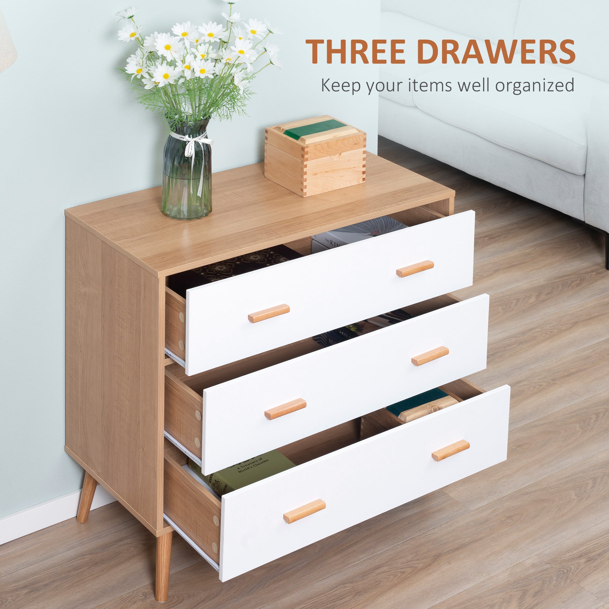 Kozy Chest of Drawers with 3 Drawers, Bedroom Cabinet, Storage Organizer for Living Room, White and Natural