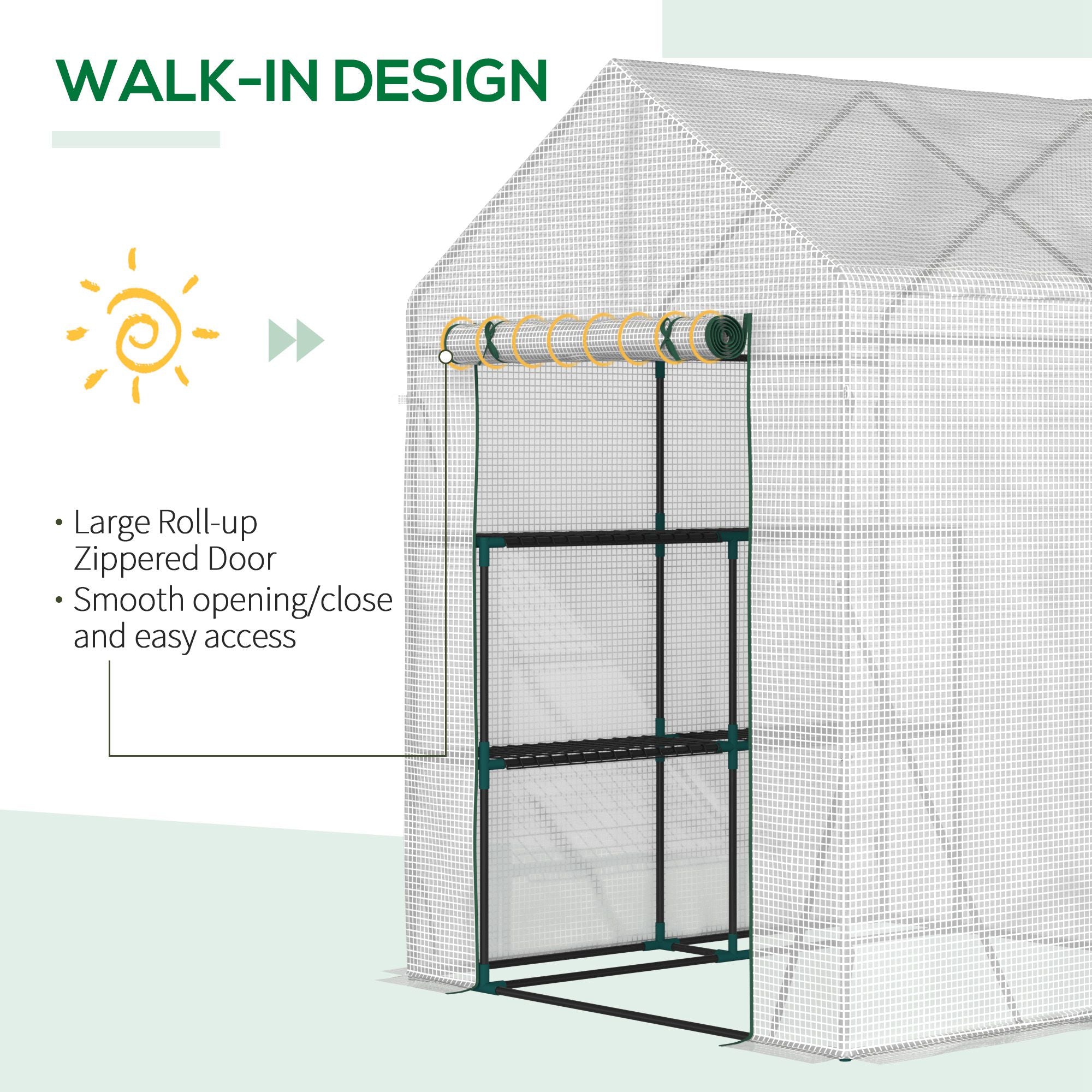 Kozy Walk In Greenhouse with 2 Tier Shelf, Portable Gardening Plant Grow House Tomato Greenhouse with Roll up Zip Panel Door, Reinforced PE Cover, 143 x 143 x 195cm, Green