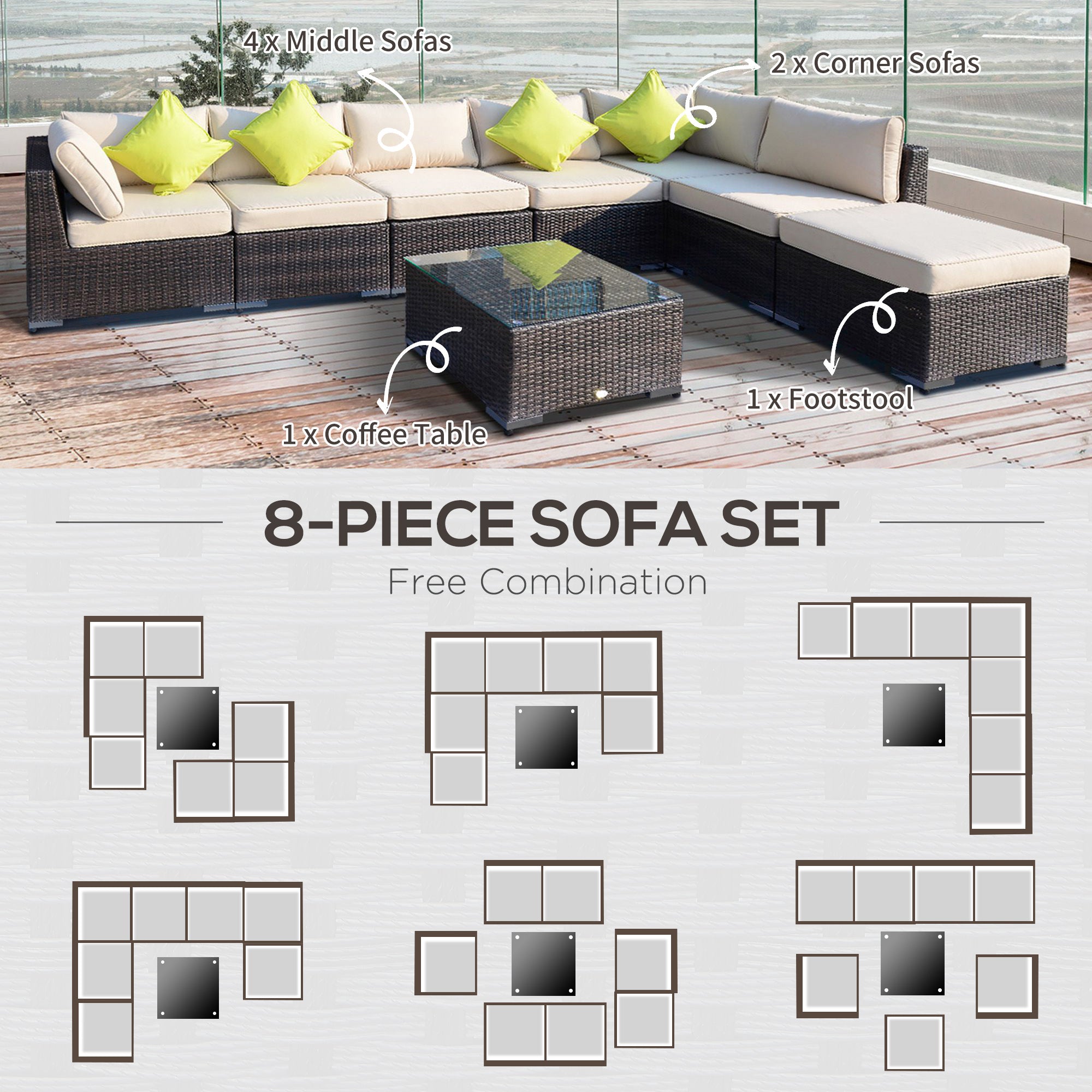 Outsunny 8pc Rattan Sofa Garden Furniture Aluminium Outdoor Patio Set Wicker Seater Table