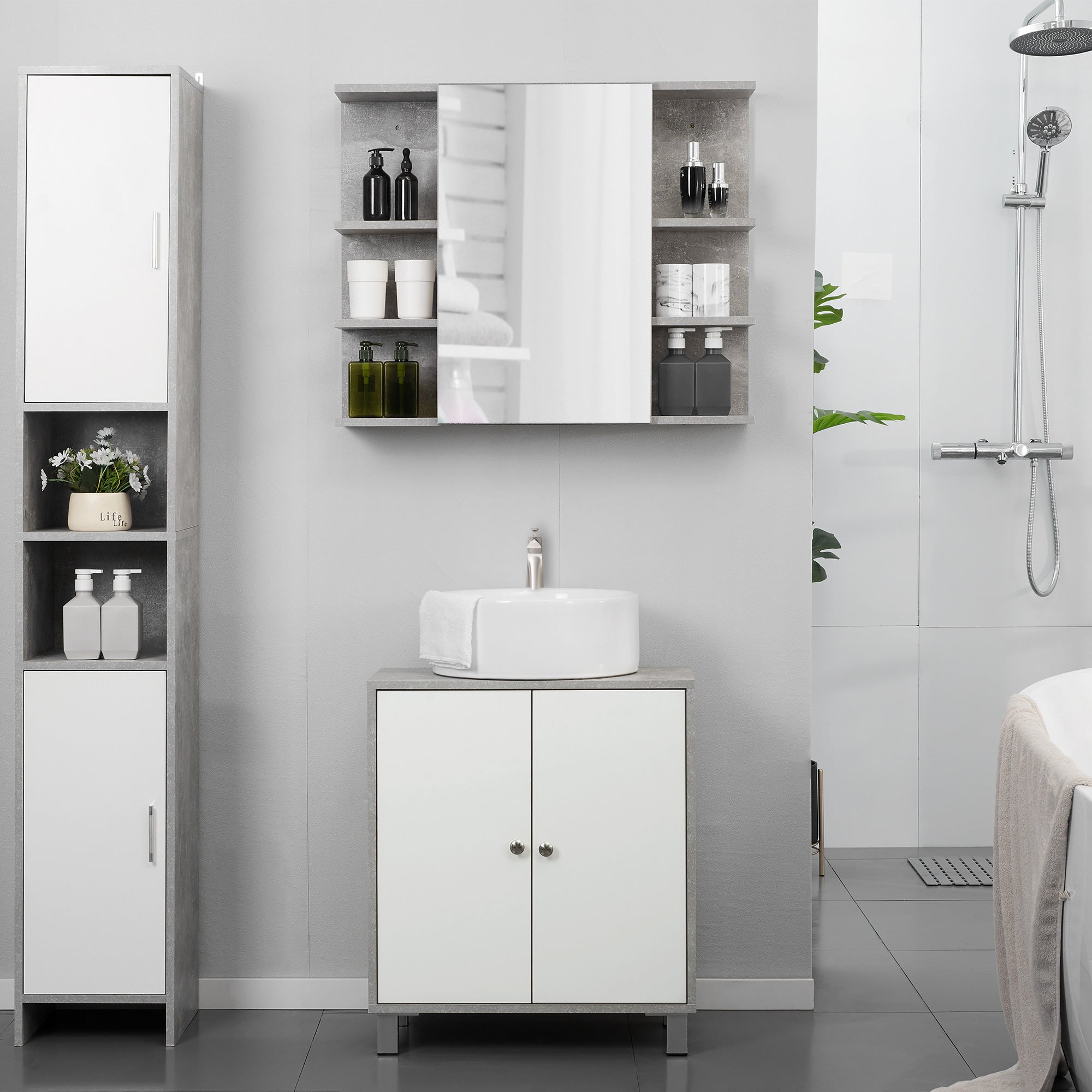 Kozy Under Sink Cabinet, Bathroom Vanity Unit, Storage Cupboard with Adjustable Shelves, White and Grey