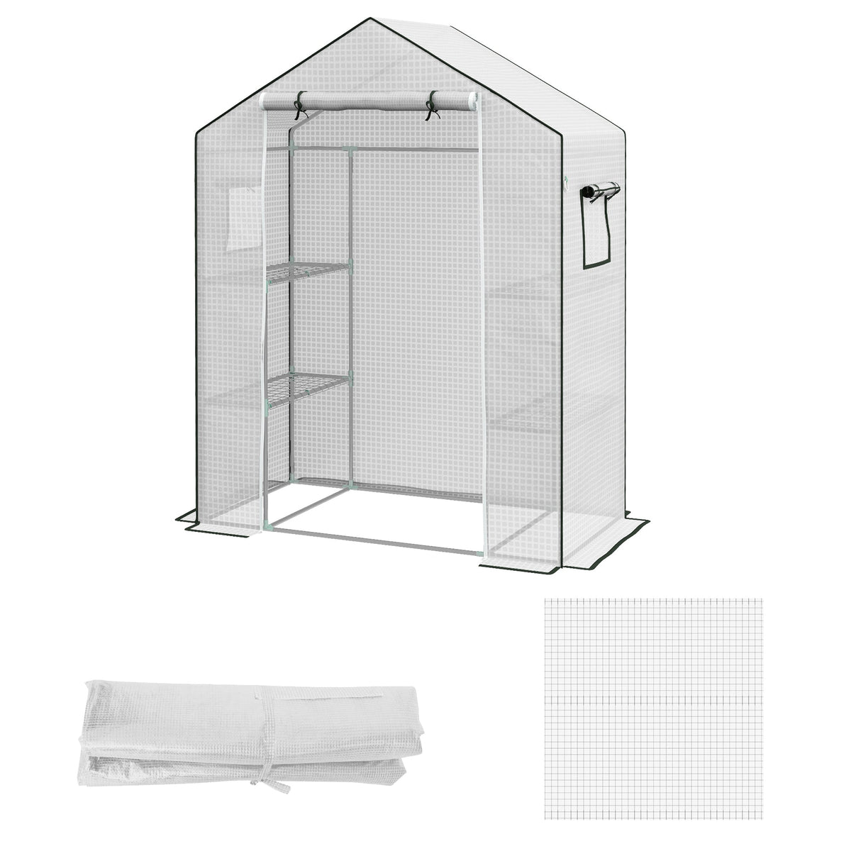Outsunny Greenhouse Cover Replacement Walk-in PE Hot House Cover with Roll-up Door and Windows, 140 x 73 x 190cm, White | Aosom UK