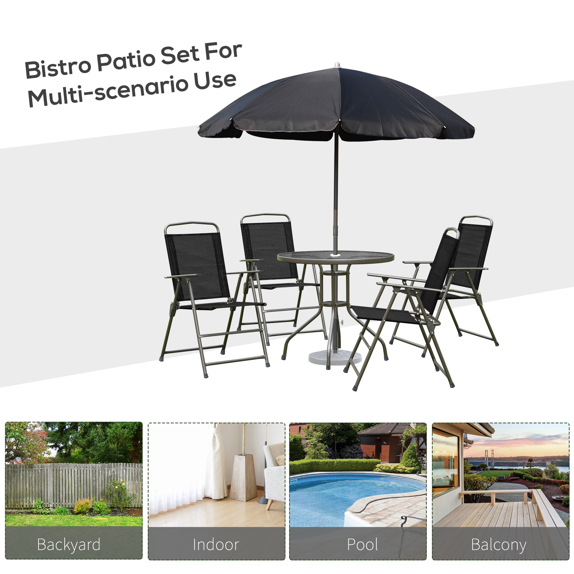 Kozy 6 Piece Garden Dining Set with Umbrella, Patio Sets with Parasol with 4 Folding Dining Chairs & Round Tempered Glass Table, Black