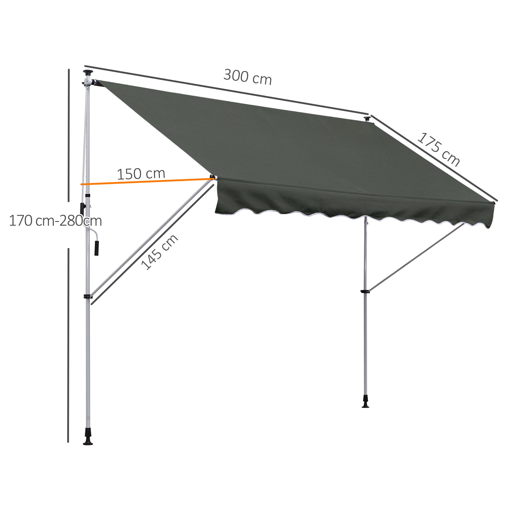 Outsunny Balcony 3 x 1.5m Manual Adjustable Awning DIY Patio Clamp Awning Canopy  Retractable Shade Shelter