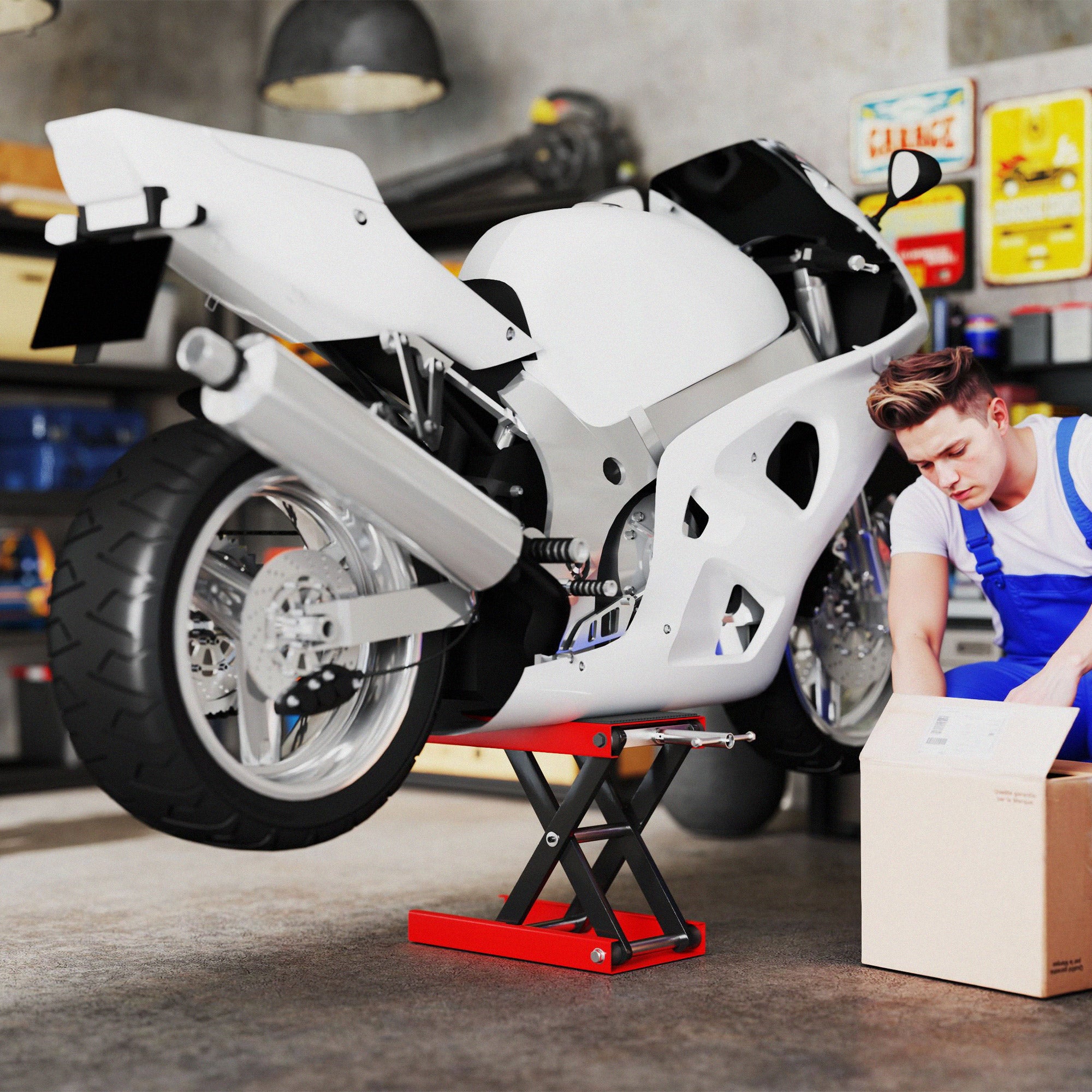 Kozy 500KG Motorcycle Lift Scissor Jack, Height Adjustable Motorbike Stand with Anti-Slip Wide Deck, Heavy Duty Steel Motorbike Repair Lift Hoist Stand for Home Garage, Red