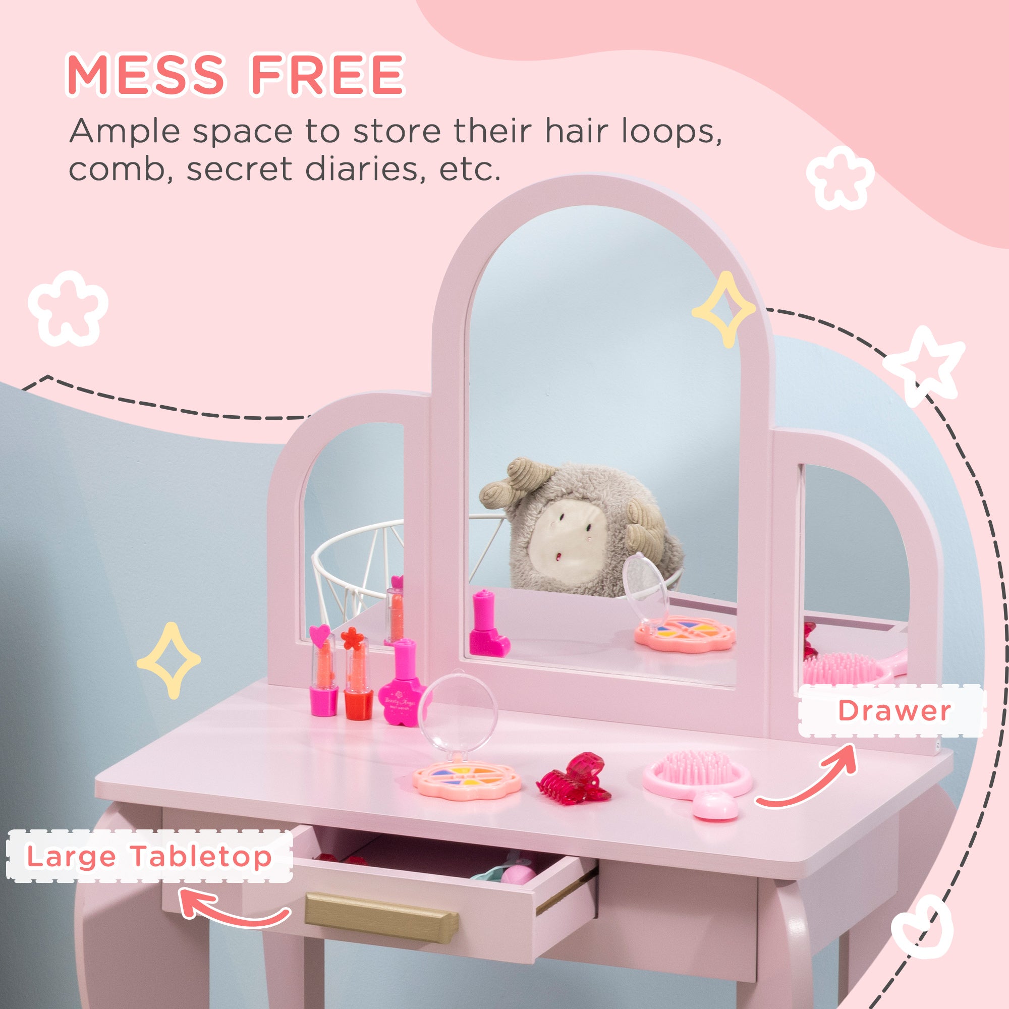 Kozy Kids Dressing Table Set, with Mirror and Drawer - Pink