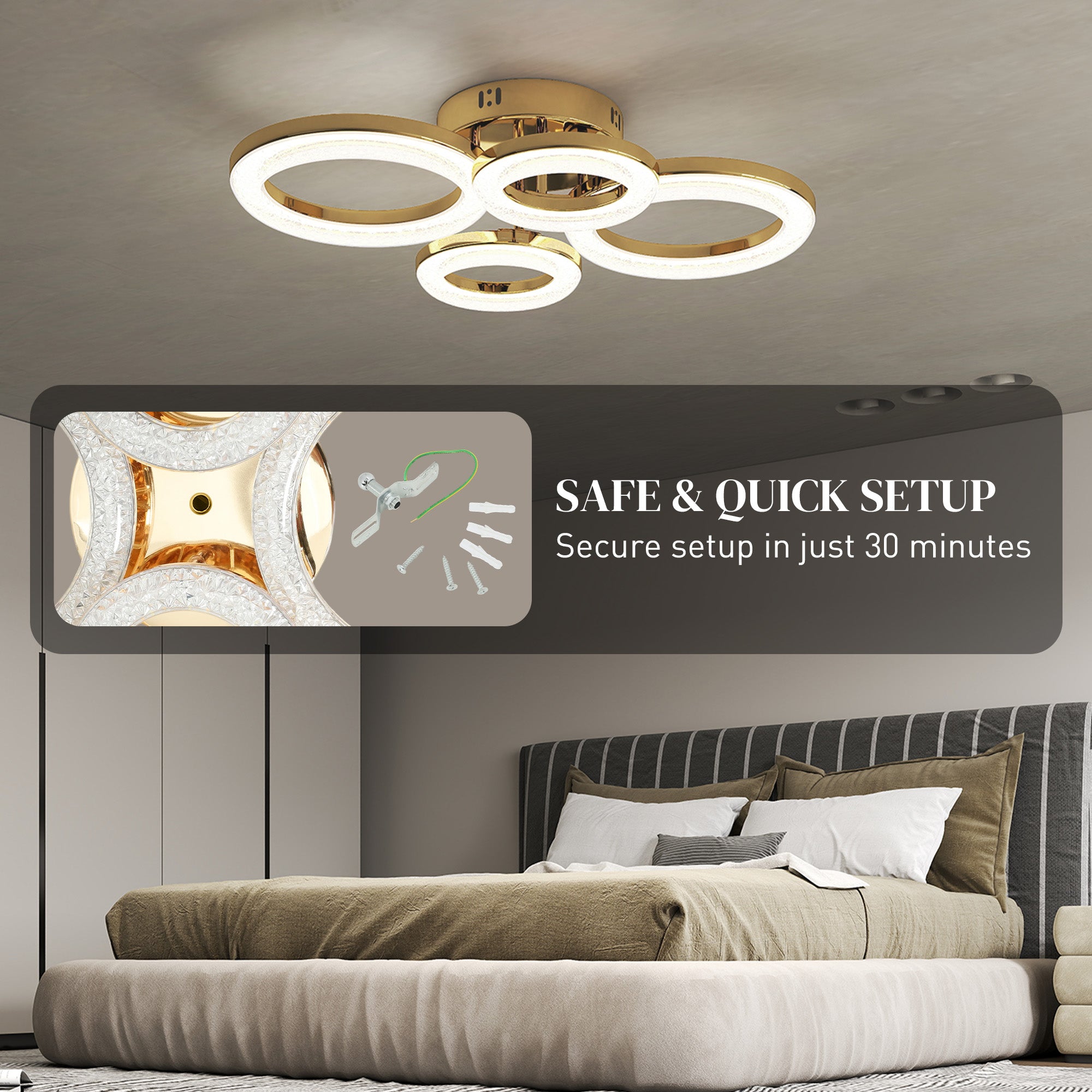 Kozy LED Ceiling Light, Modern 4 Rings Ceiling Lamp with Wall Switch Control, 40W 4350lm Flush Mount Ceiling Light with 3500K/4500K/6000K Colour Temperatures for Living Room, Bedroom, Gold Tone