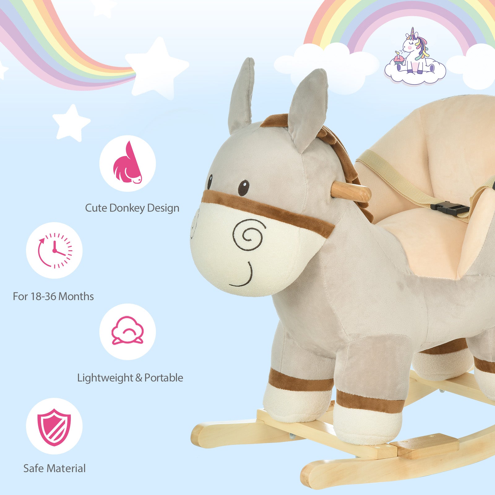 HOMCOM Toddlers Donkey Plush Rocking Ride On w/ Sound Grey