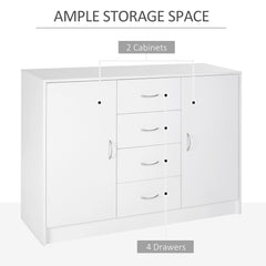 HOMCOM Sideboard, Storage Cabinet with 2 Doors and 4 Drawers, Free Standing Cupboard, Chest Organizer for Kitchen and Living Room, White