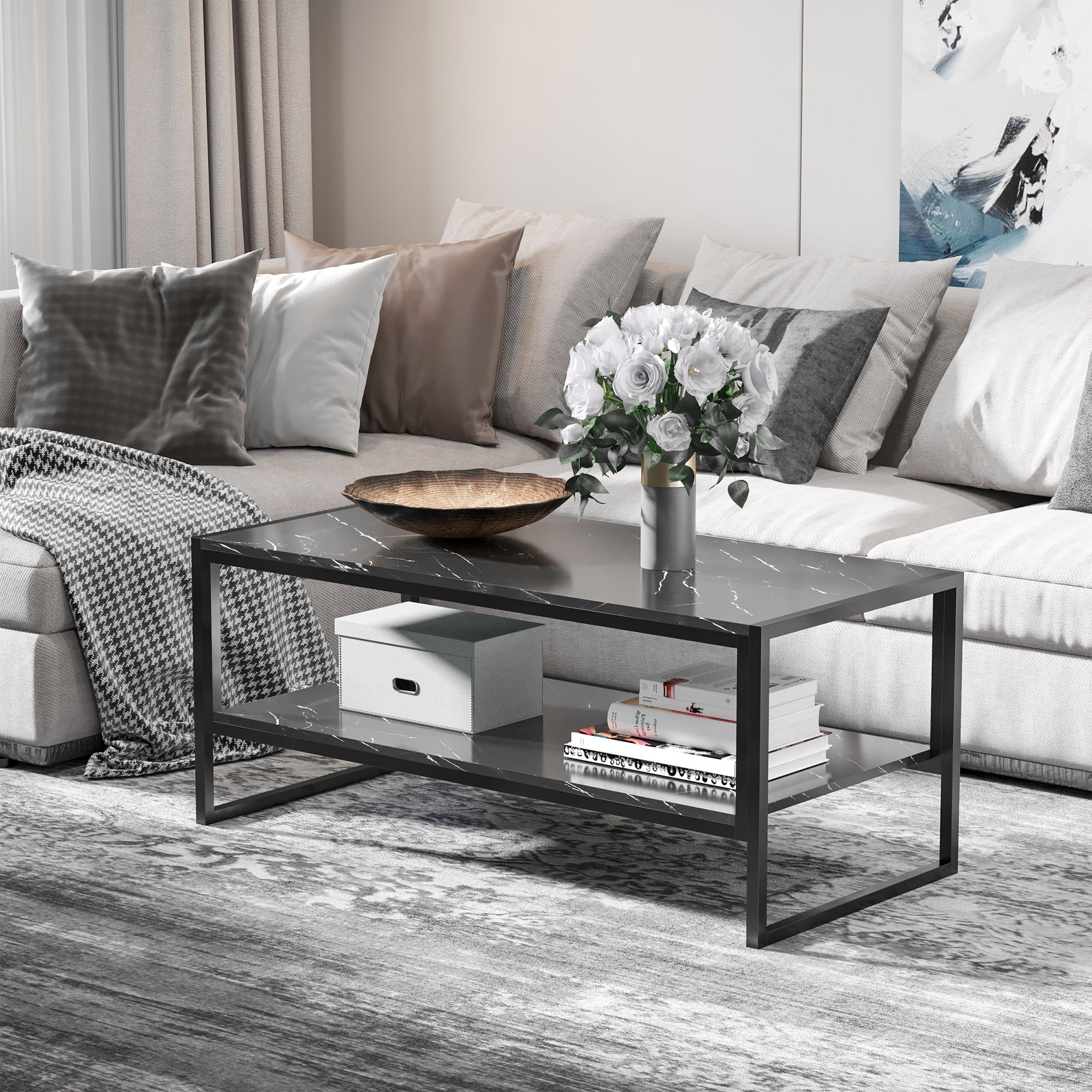Kozy Coffee Table, Two-Tier Faux Marble Effect Centre Table with Metal Frame and Storage Shelf for Living Room, 106 x 50 x 45cm, Black