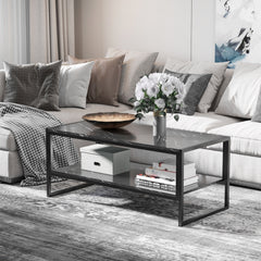 Kozy Coffee Table, Two-Tier Faux Marble Effect Centre Table with Metal Frame and Storage Shelf for Living Room, 106 x 50 x 45cm, Black
