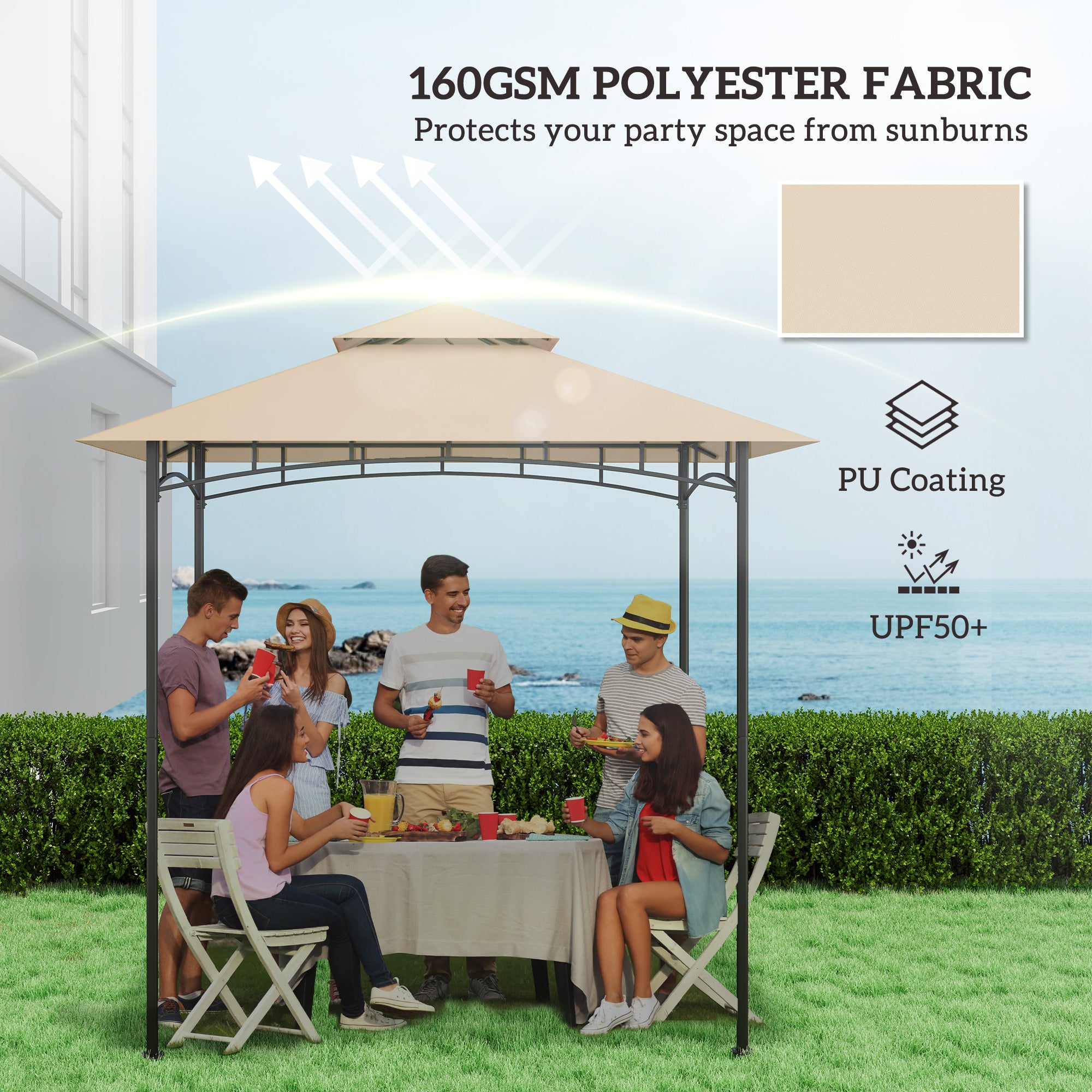 Kozy - Grill Gazebo Replacement Canopy Roof for 1.5 x 2.4m Frame, UPF50+ Protection, Double Tiered 5' x 8' Outdoor BBQ Gazebo Cover Replacement, TOP COVER ONLY, Beige