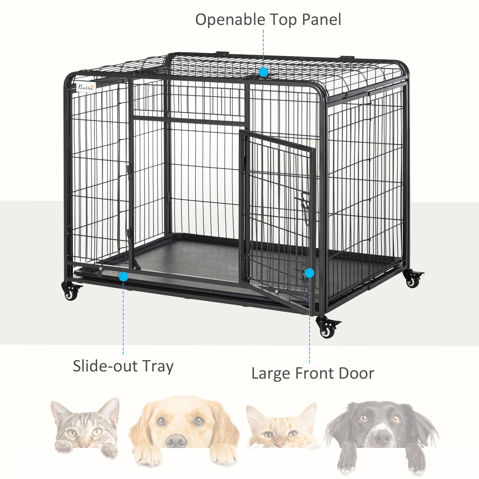 Kozy Metal Dog Cage Kennel Locking Door & Wheels Removable Tray Openable Top For Large Pets 109.5 x 71 x 78 cm