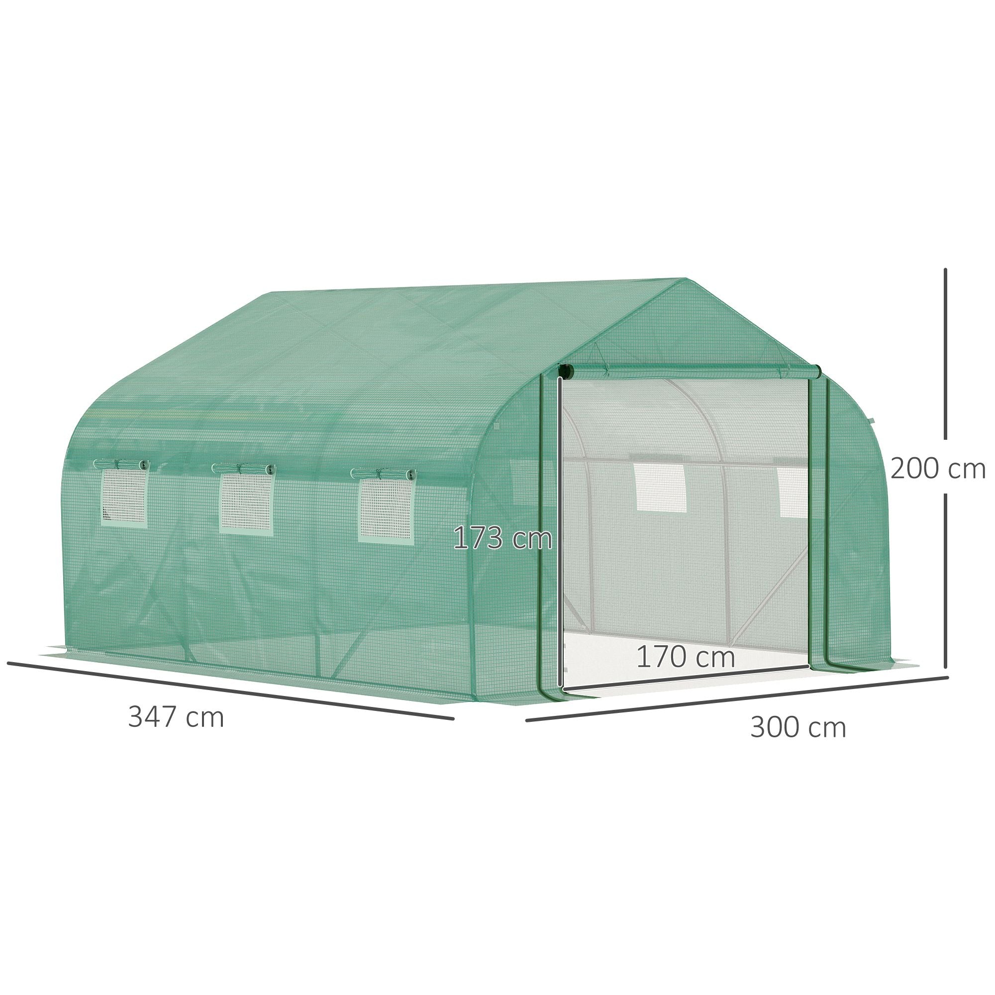 Kozy Walk-in Polytunnel Garden Greenhouse, Outdoor Mesh Door Greenhouse with PE Cover and 6 Windows, 3.5 x 3 x 2m, Green