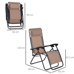 Kozy - Zero Gravity Chair Set of 2, Metal Frame Texteline Armchair Outdoor Folding and Reclining Sun Lounger with Head Pillow for Patio Decking Gardens Camping, Beige