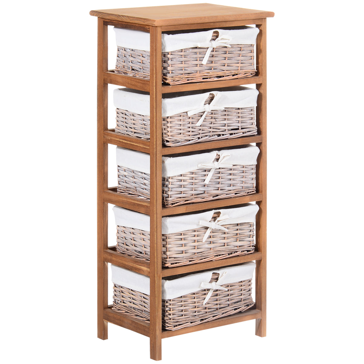 Kozy 5 Drawer Dresser Wicker Basket Storage Shelf Unit Wooden Frame Home Organisation Cabinet Bedroom Office Furniture Natural Finish
