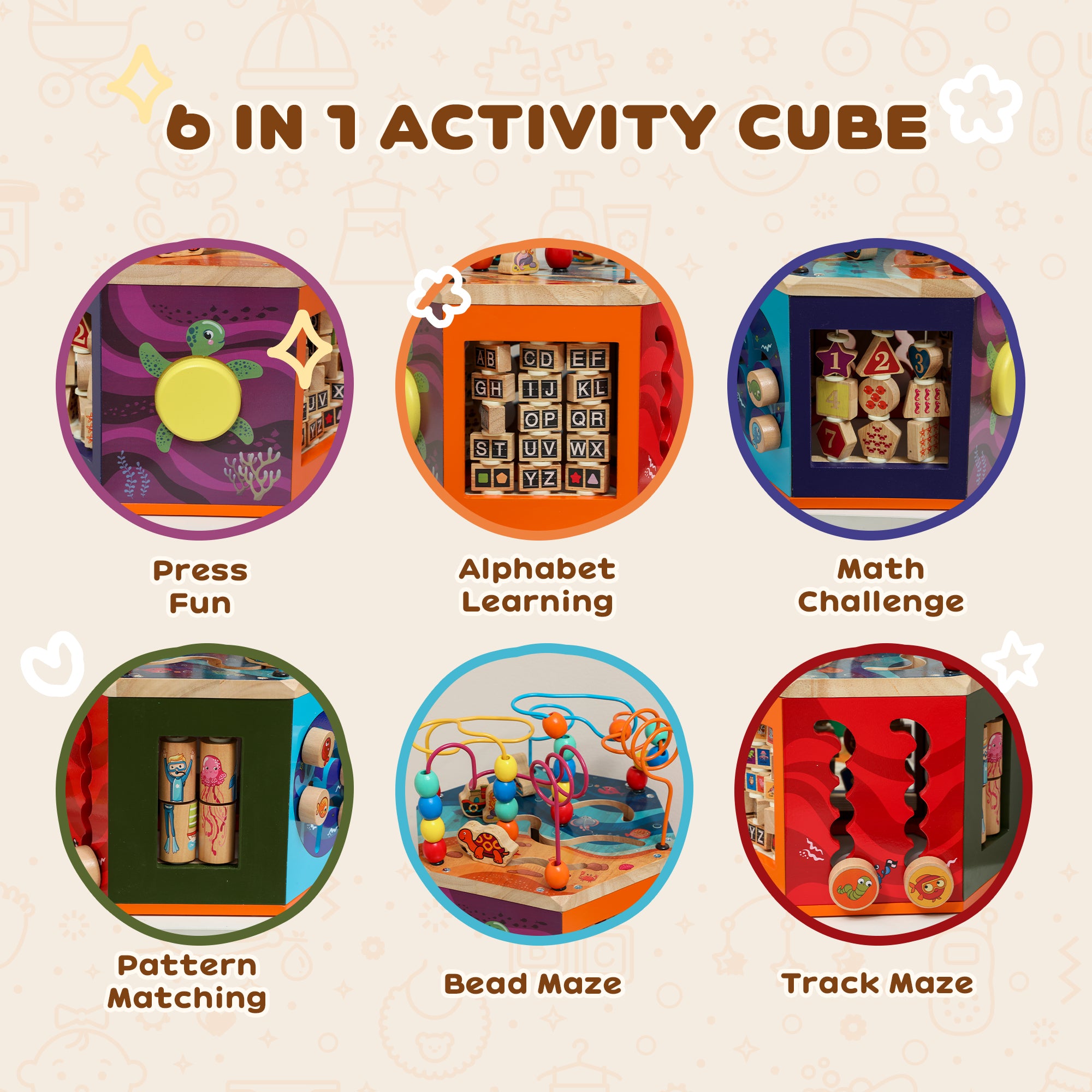 Kozy Wooden Activity Cube, Baby Toys with Bead Maze, Pattern Sorter for Toddlers Boys and Girls 18+ Months