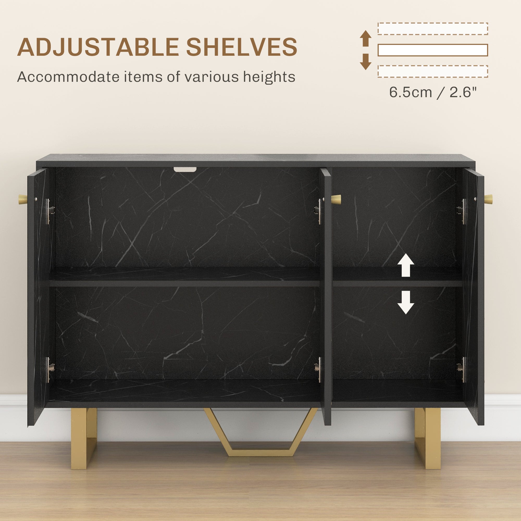 Kozy - Sideboard Storage Cabinet, Modern Storage Cupboard with Adjustable Shelves and Metal Legs for Living Room, Kitchen, Dining Room, Entryway, Black Marble Tone