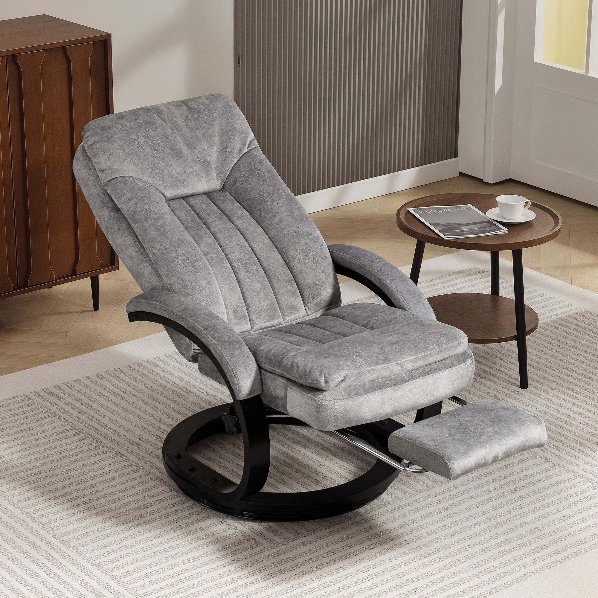 Kozy Swivel Recliner Chair with Footrest, Manual Recliner Armchair with Wooden Base, Plush Velvet Upholstered Reclining Chair for Living Room, Bedroom, Office, Grey