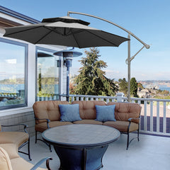 Outsunny 2.7m Garden Banana Parasol Cantilever Umbrella with Crank Handle, Double Tier Canopy and Cross Base, Hanging Sun Shade, Grey | Aosom UK