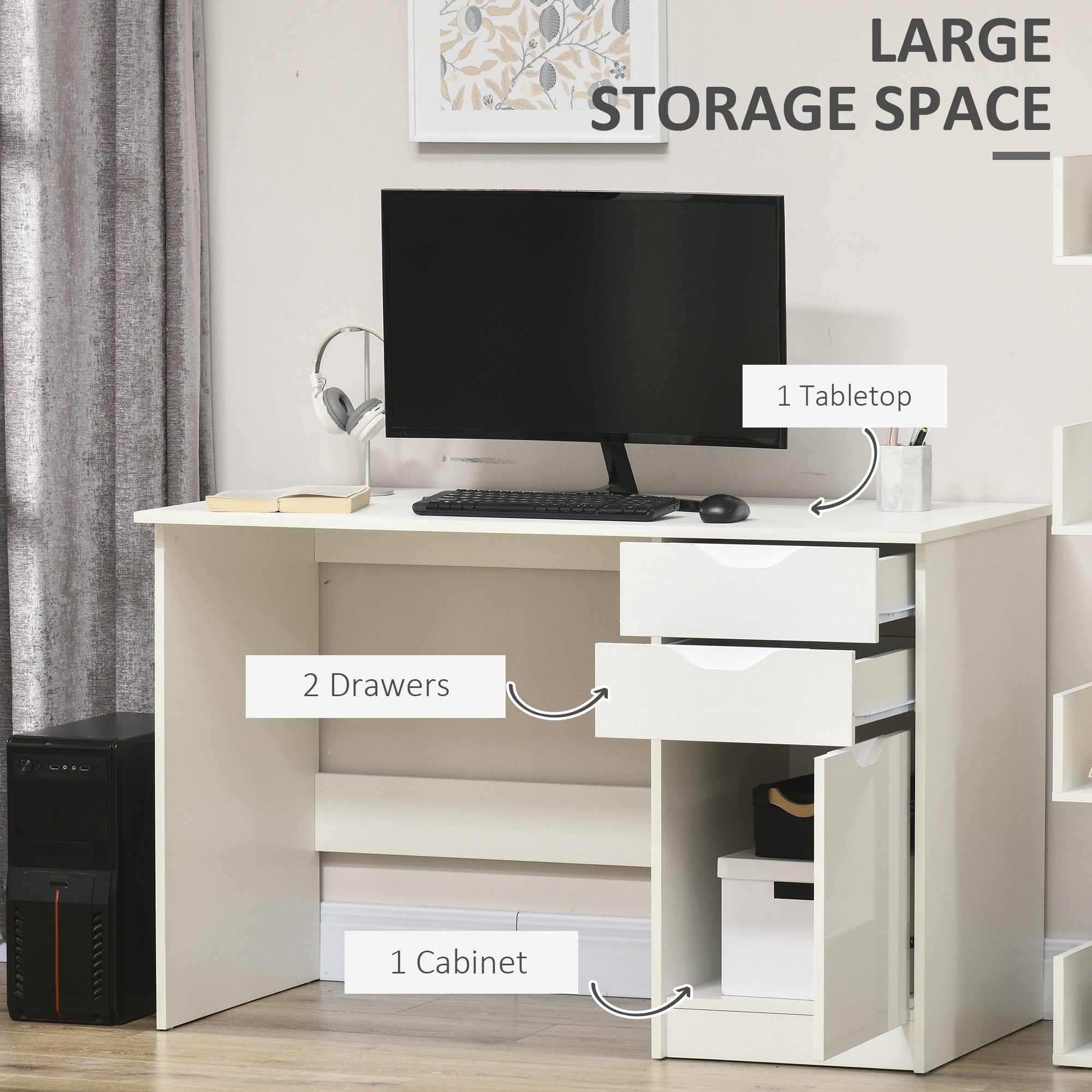 Kozy Computer Desk with Drawers, High Gloss Home Office Desk with Storage Cabinet, Study Workstation, 120 x 60cm, White