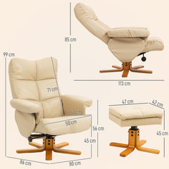Kozy PU Leather Swivel Recliner Chair with Footstool, Wooden Base and Storage for Living Room, Beige