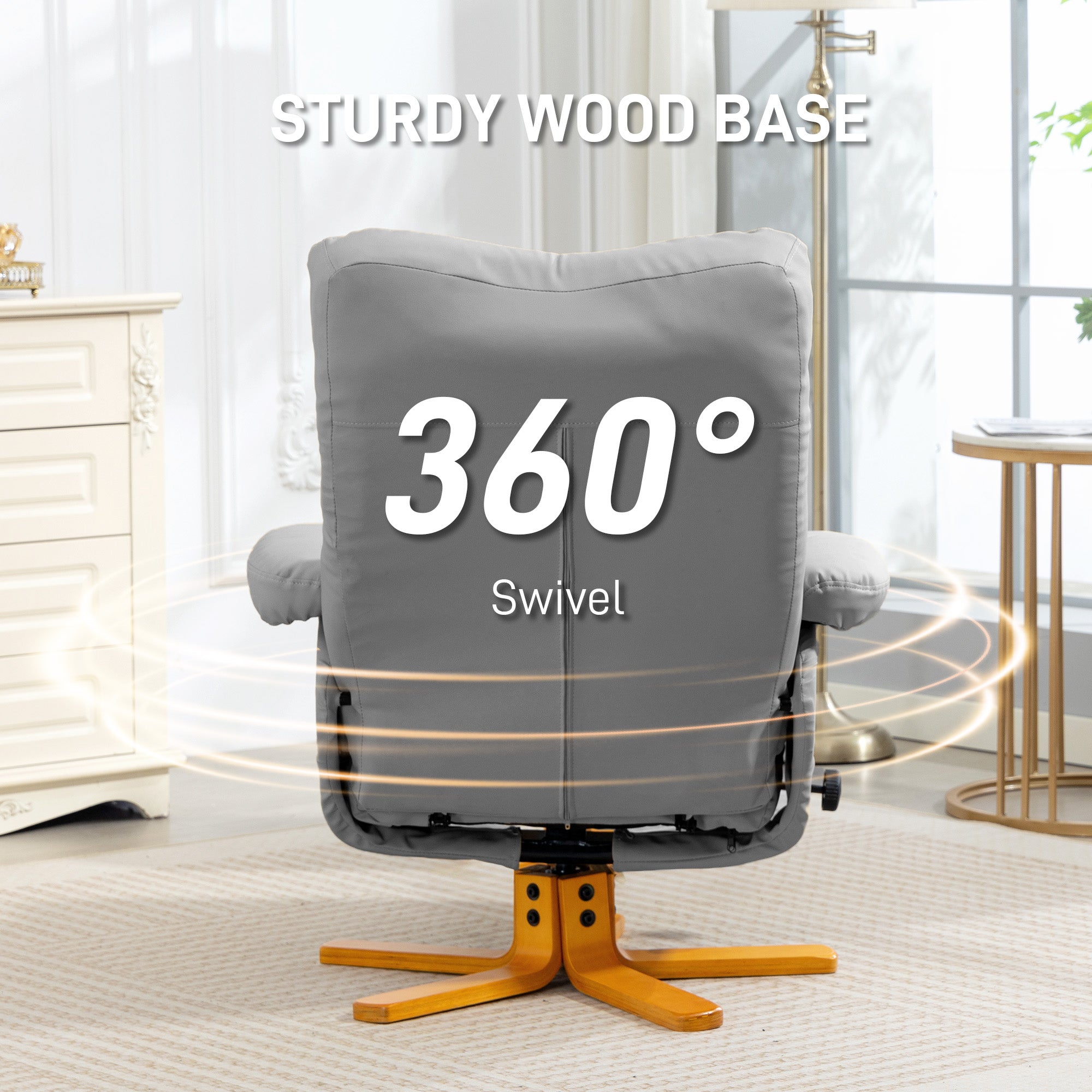 Kozy - PU Leather Swivel Recliner Chair with Footstool, Wooden Base and Storage for Living Room, Light Grey