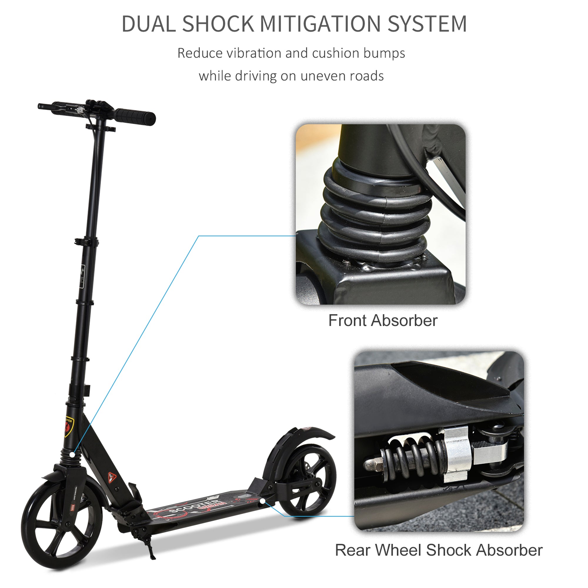 Kozy Kick Scooter, Folding 2 Wheel Scooter for 14+ Teens Adults, with Dual Brake System, Dual Suspension, 230mm Big Wheels, 3 Adjustable Handlebar, up to 100KG, Black