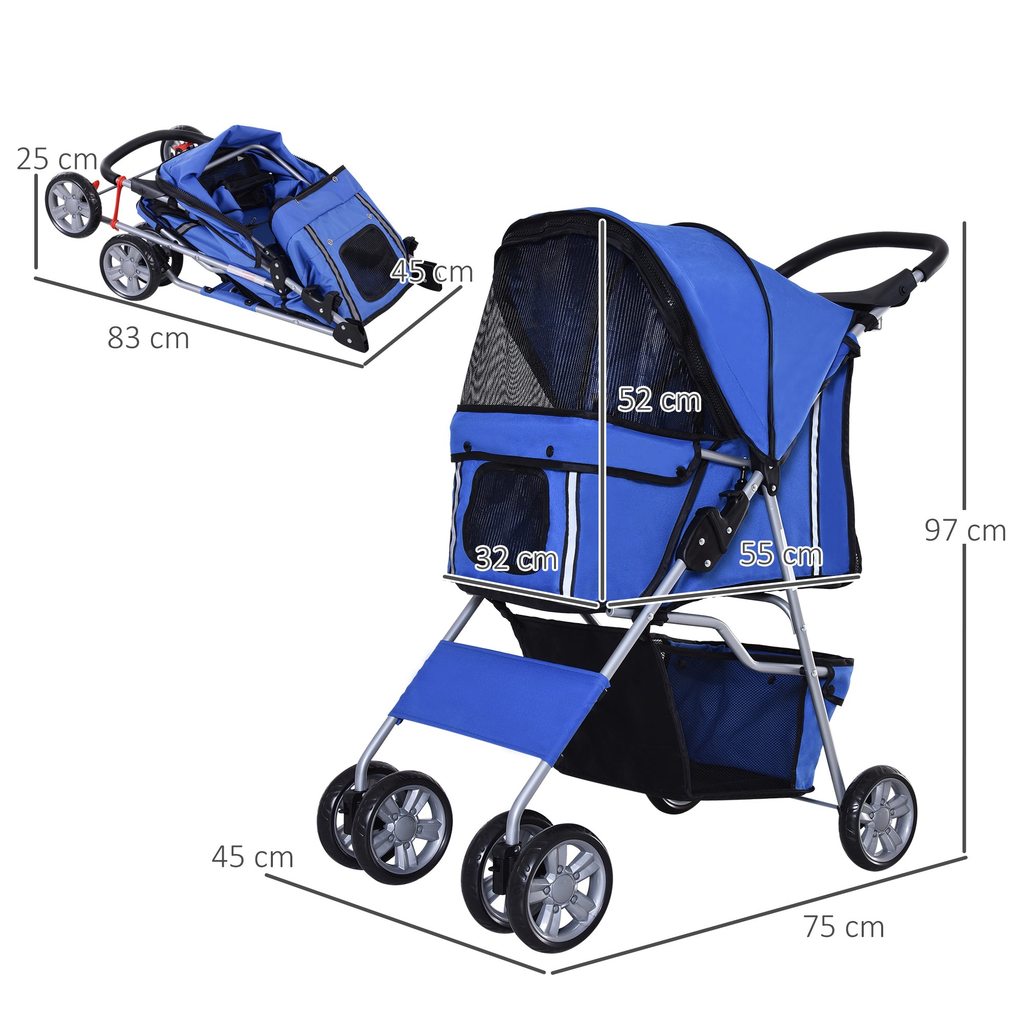 PawHut Dog Pushchair for Small Miniature Dogs Cats Foldable Travel Carriage with Wheels Zipper Entry Cup Holder Storage Basket Blue