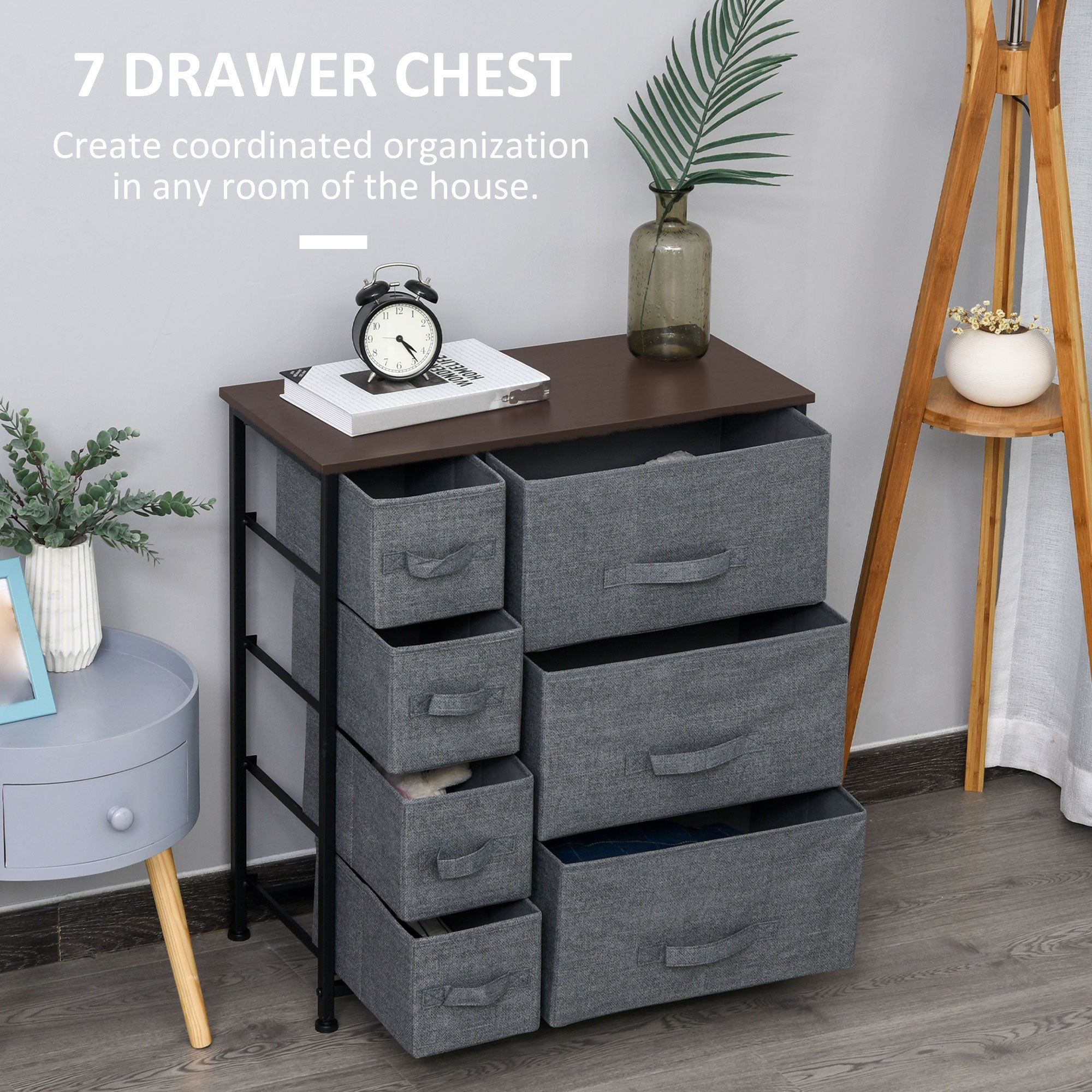 Kozy Chest of Drawers with 7 Drawers, Fabric Drawers with Large Storage Space, Drawers Dresser with Metal Frame, Adjustable Feet for Bedroom Living Room, Dark Grey