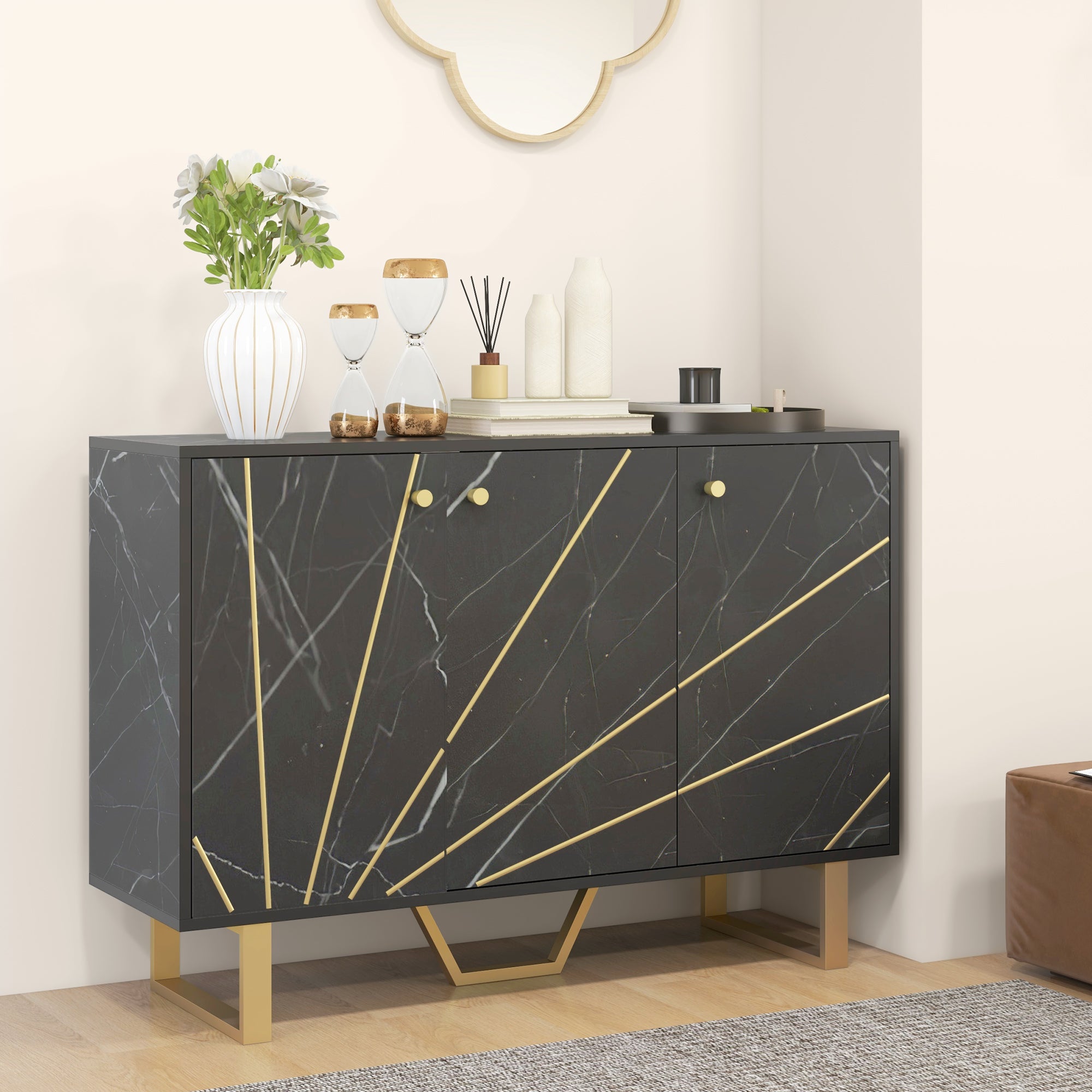 Kozy - Sideboard Storage Cabinet, Modern Storage Cupboard with Adjustable Shelves and Metal Legs for Living Room, Kitchen, Dining Room, Entryway, Black Marble Tone