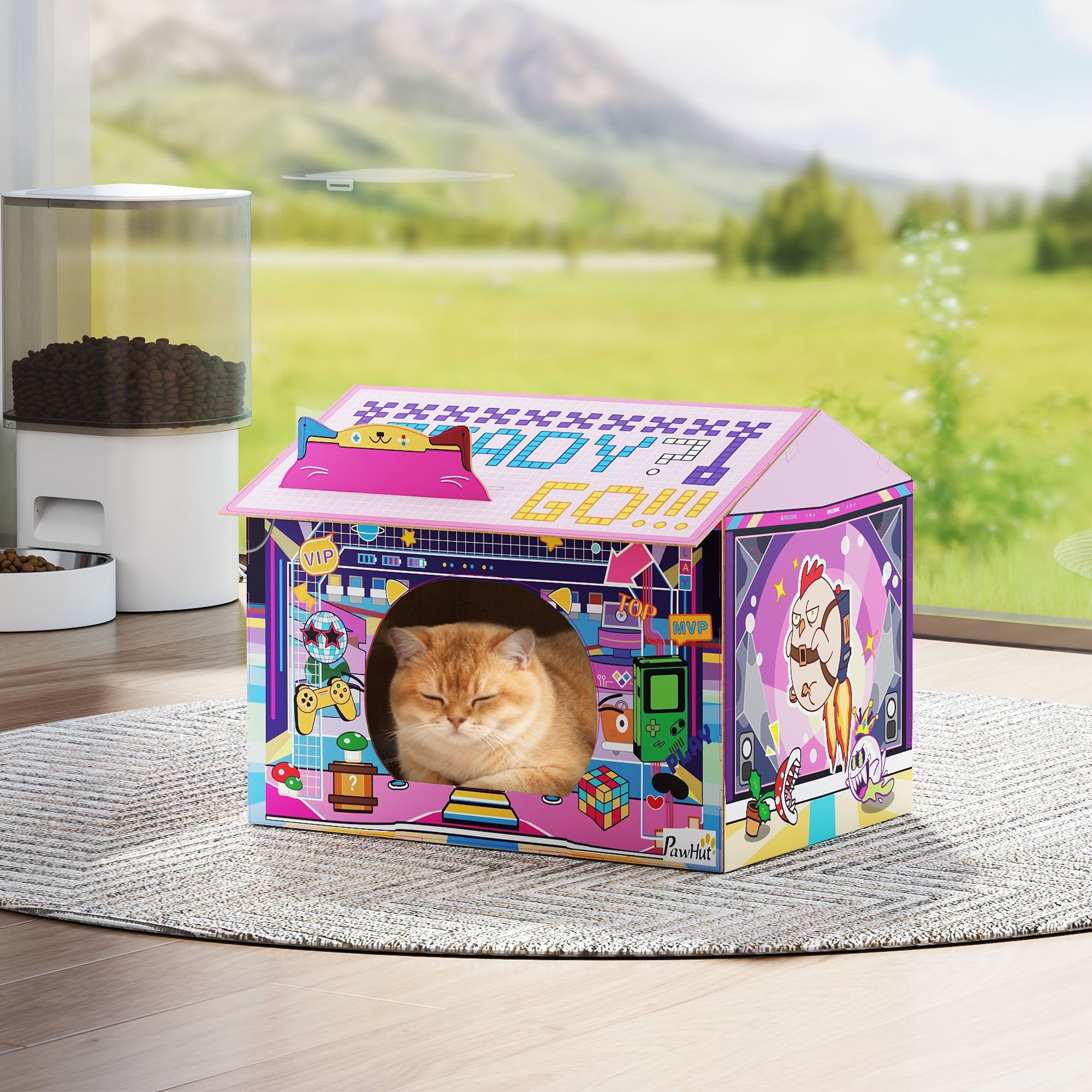 Kozy 2 in 1 Gaming Style Cardboard Cat House with Scratching Board & Catnip for Indoor Cats, Pink