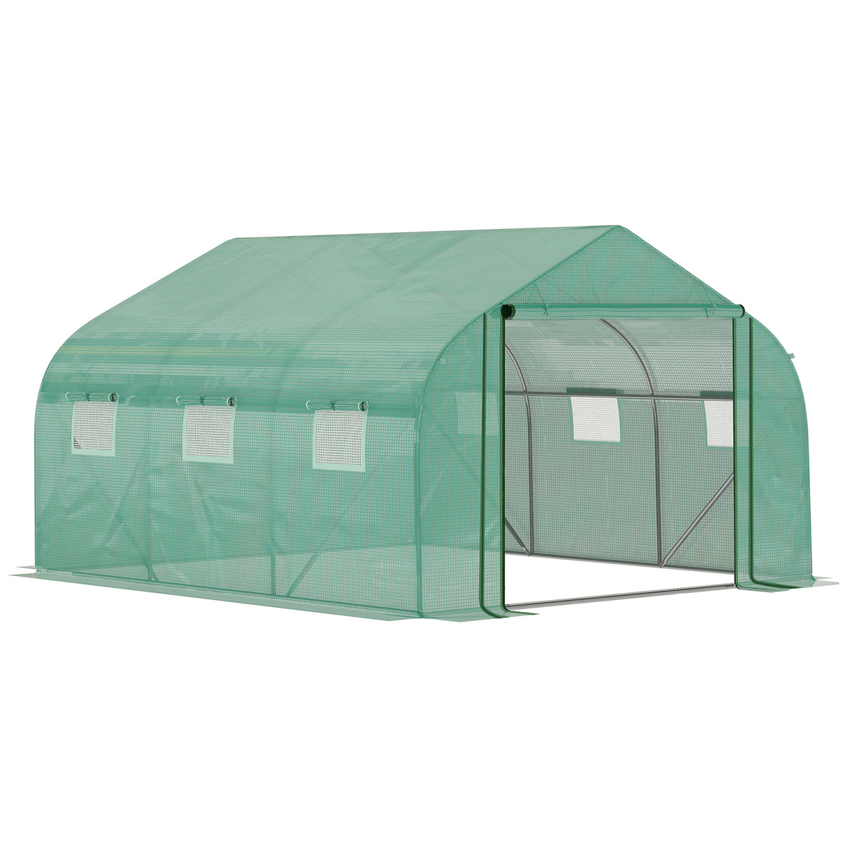 Kozy Walk-in Polytunnel Garden Greenhouse, Outdoor Mesh Door Greenhouse with PE Cover and 6 Windows, 3.5 x 3 x 2m, Green