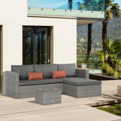 Kozy 3 Pieces Outdoor PE Rattan Sofa Set, Patio Wicker Conversation Chaise Lounge Furniture w/ Tempered Glass Table-top & Soft Padded Cushion for Garden, Backyard, Lawn, Grey