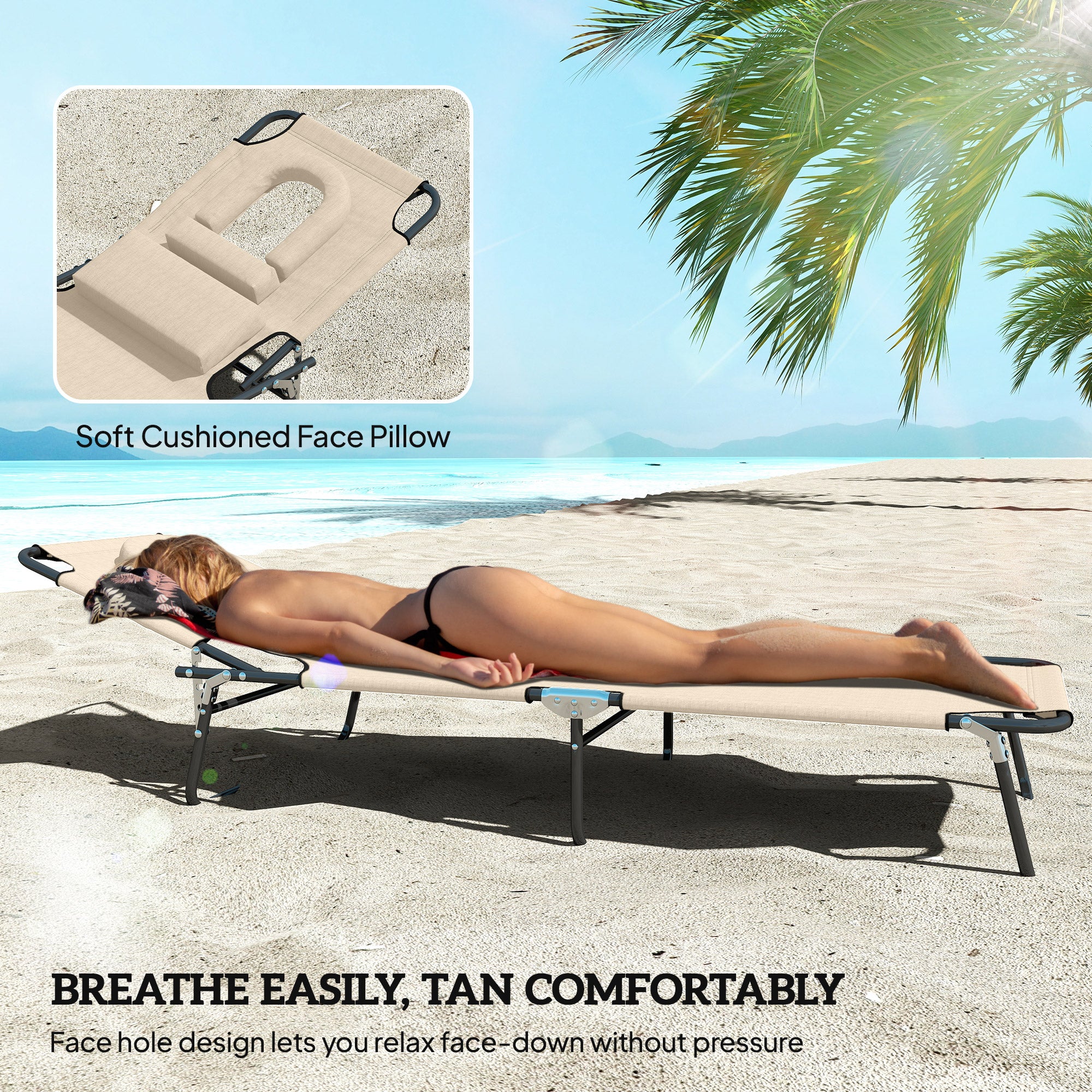 Kozy Outdoor Folding Sun Lounger with Face Hole, 4 Level Adjustable Backrest Reclining Garden Lounger, Garden Recliner Sunbed with 600 D Oxford Cloth Seat and Pillow for Beach, Beige