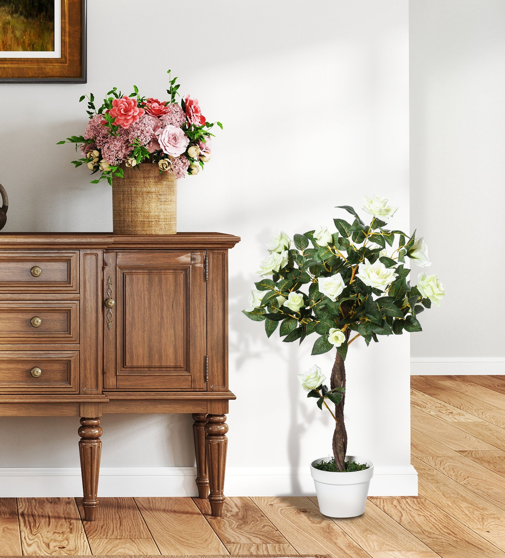 Kozy Artificial Plants White Rose Floral in Pot, Fake Plants for Home Indoor Decor, 90cm